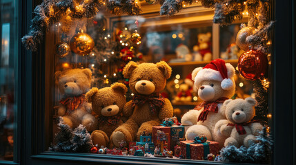 Festive shop window displaying vintage teddy bears nestled among wrapped gift boxes, evoking nostalgic holiday shopping charm and seasonal warmth