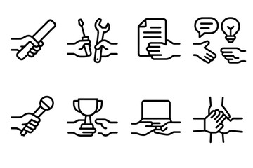 Obraz premium Line Icon Collection. Outline icon set of mobile app productivity: task list, note pad, timer, project folder, cloud sync, notification reminder, calendar