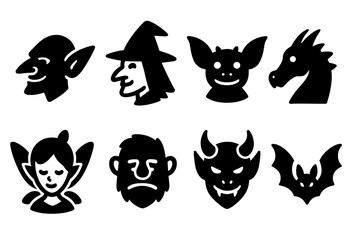Naklejka premium Fantasy Creature Icons. Solid, filled icon set of fantasy creatures with pointed noses: goblin, witch, gremlin, dragon, pixie, troll, demon, bat. Solid, filled