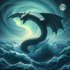 Massive winged serpent coiling through tornado with aurora and moonlight above stormy sea