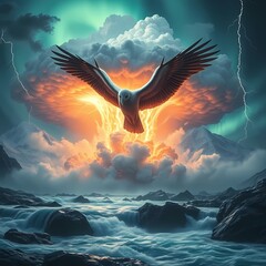 Massive thunderbird exploding from cloudburst with lightning and aurora over mountain rapids