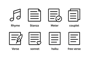 Poetry Icon Set. Outline icon set of poetry elements: rhyme, stanza, meter, couplet, verse, sonnet, haiku, free verse. Line icons in only black