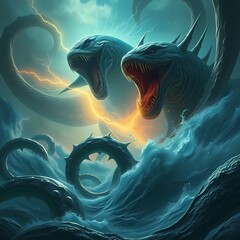 Mythical kraken battling maelstrom