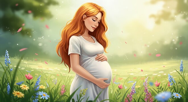 Radiant pregnant woman with flowing red hair gently cradles her belly in a vibrant, sun-drenched meadow, embodying maternal serenity, hopeful anticipation, and the beauty of life