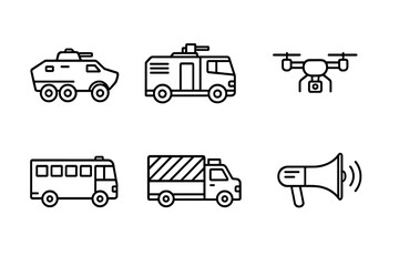 Riot Control Vehicles Icons. Outline icon set of riot control vehicles and support: armored personnel carrier, water cannon truck, police van, surveillance