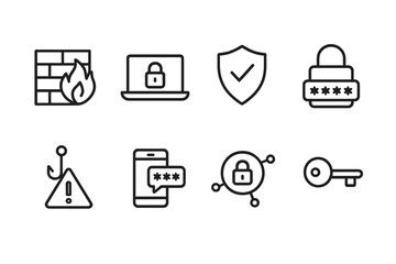 Internet Security Icons. Outline icon set of internet security: firewall, VPN, antivirus shield, password lock, phishing alert, two-factor authentication,