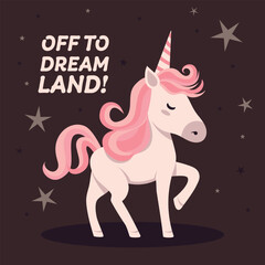 Vector cartoon unicorn in flat style. Design for children's products. Children's poster. Quotes about sleep. Print for children.