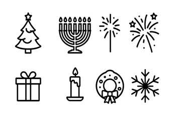 Holiday Festival Icons. Outline icon set of holiday festivals: Christmas tree, menorah, pumpkin, fireworks, gift box, candle, wreath, snowflake. Line icons in