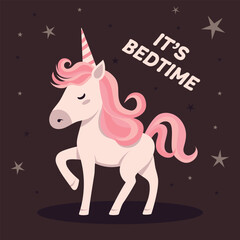 Vector cartoon unicorn in flat style. Design for children's products. Children's poster. Quotes about sleep. Print for children.