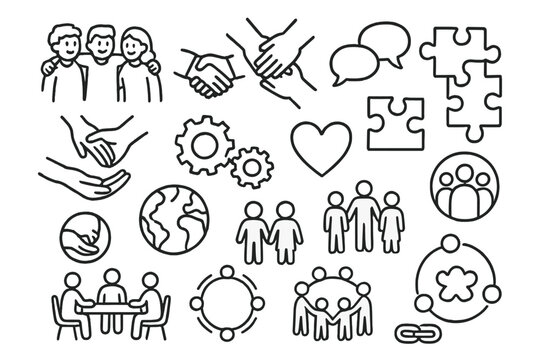 Teamwork Doodle Icons. Hand-drawn doodle illustration teamwork and collectivism team huddle, group of people, handshake, shared resources, helping hands,