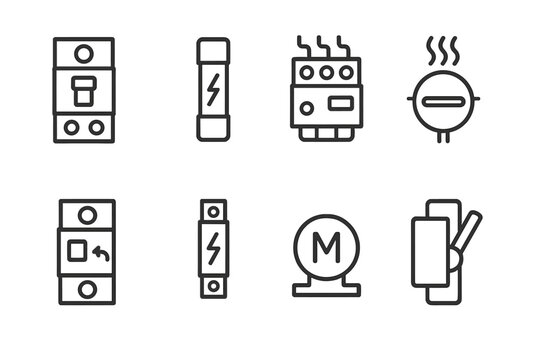 Motor Protection Icons. Outline icon set of motor protection devices: circuit breaker, fuse, overload relay, thermal switch, earth leakage breaker, surge