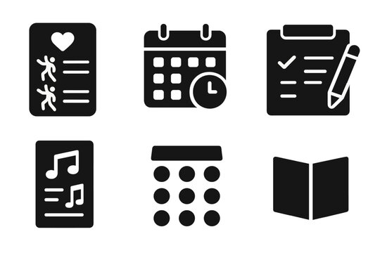 Dance Event Icon Set. Solid, filled icon set of dance card usage: dance partner list, dance schedule, event planning, partner tracking, dance notes, song list,