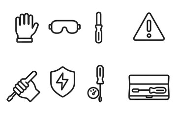 Fototapeta premium Screwdriver Safety Icons. Outline icon set of screwdriver safety: gloves, goggles, insulated handle, warning sign, correct grip, electric shock protection,