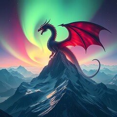 Titanic aurora dragon dominating mountain peak skyline
