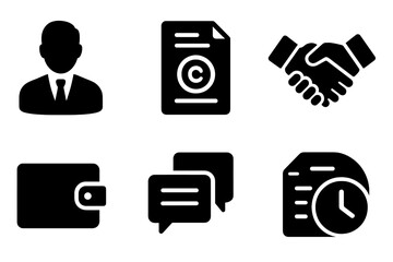Credit Counseling Icons. Solid, filled icon set of credit counseling: advisor, credit report, calculator, handshake, wallet, speech bubbles, document, clock.