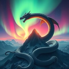 Ancient serpent dragon coiling around mountain summit under explosive aurora display