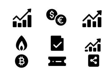 Trading Instruments Icons. Solid, filled icon set of trading instruments: stocks, forex, commodities, options, futures, cryptocurrencies, bonds, ETFs. [Solid,