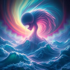 Aurora entity DEVOURING awareness into spiraling lights of crystalline bliss, oceans of liquid rapture cascading as radiant darkness shatters perception, Psychedelic metaphysical horror concept art