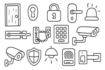 Security Icons Doodle. Hand-drawn doodle illustration door lock door, keyhole, padlock, handle, bolt, chain, keypad, alarm bell, security camera, shield,