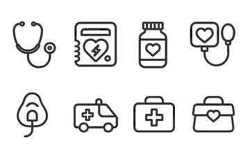 Heart Care Tools Icons. Outline icon set of heart care tools: stethoscope, defibrillator, heart medicine, blood pressure monitor, oxygen mask, ambulance, first
