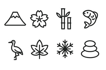 Fototapeta premium Japanese and Korean Icons. Outline icon set of Japanese nature: Mount Fuji, sakura blossom, bamboo, koi fish, crane bird, maple leaf, snowflake, garden stone.