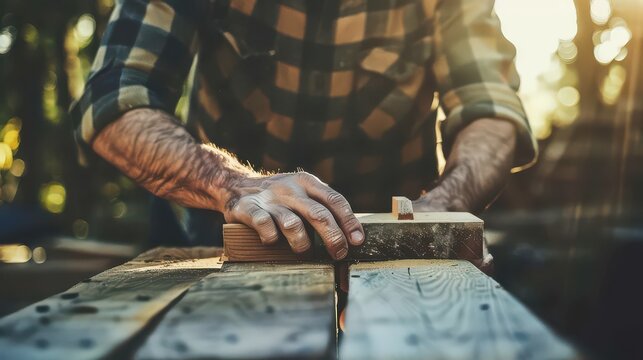 A man working with wood on a wooden table wearing a plaid shirt in a sunlit outdoor environment