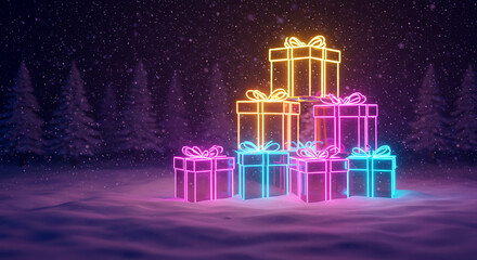 Neon Holiday Gifts in Winter: A magical display of illuminated gift boxes glows brightly, creating a festive atmosphere during a snowy winter evening.