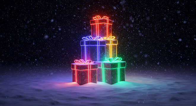 Holiday Presents Under the Snowy Sky: A vibrant stack of colorful, glowing gift boxes stands proudly in the gentle snowfall, radiating festive cheer and yuletide magic under the serene night sky.