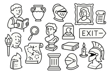 Fototapeta premium Museum Doodle Icons. Hand-drawn doodle illustration Museum artifacts and visitors visitor with guidebook, ancient vase, knight helmet, painting, scroll,