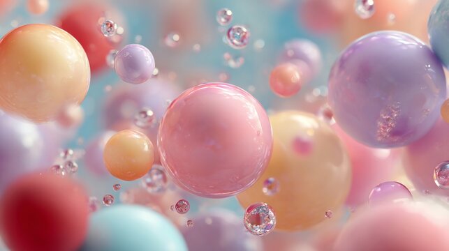 Floating pastel spheres and shimmering bubbles create a dreamy, airy, and colorful abstract - Powered by Adobe
