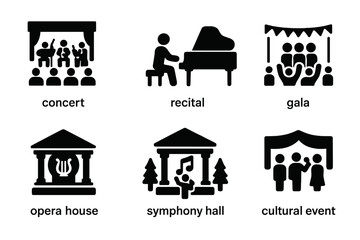Fototapeta premium Orchestra Icons Set. Solid, filled icon set of orchestra events and venues: concert, recital, gala, festival, opera house, symphony hall, open air stage,