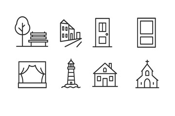 Fototapeta premium Outline Longing Icons. Outline icon set of longing places: empty park, deserted street, closed door, empty stage, lighthouse, old house, empty train station,