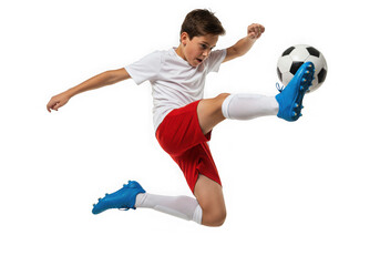 Young boy in sportswear kicks a soccer ball isolated on transparent background