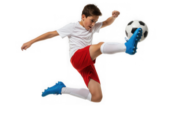 Young boy in sportswear kicks a soccer ball isolated on transparent background
