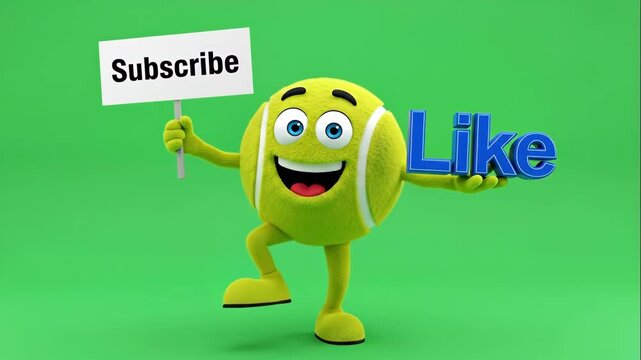 Cheerful Tennis Ball Mascot Promoting Engagement - A vibrant tennis ball mascot stands against a green background, holding a sign that says "Subscribe" in one hand and a 3D text "Like" in the other.