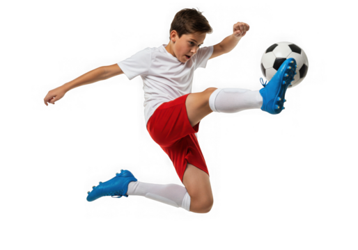 Young boy in sportswear kicks a soccer ball isolated on transparent background