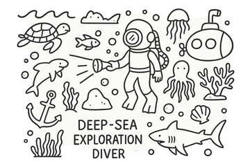 Naklejka premium Deep Sea Doodle. Hand-drawn doodle illustration Deep sea exploration diver, turtle, fish, submarine, flashlight, jellyfish, octopus, anchor, rock, seaweed,