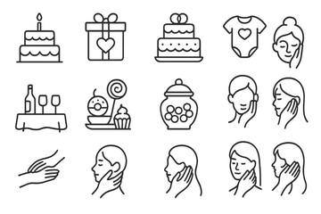 Sweet Moments Icons. Outline icon set of sweet occasions: birthday cake, Valentine's gift, wedding cake, baby shower, anniversary, dessert table, candy jar,