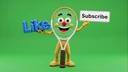 Cheerful Tennis Mascot Promoting Engagement - A playful tennis racket character holds a sign that says "Subscribe" in one hand and the word "Like" in bright blue letters in the other. - Powered by Adobe