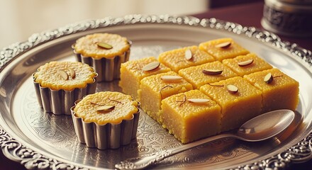 A silver tray with classic Indian besan barfi and sweets, beautifully cut into squares and flower shapes, topped with almond slivers, capturing the richness and tradition of festive Indian desserts.

