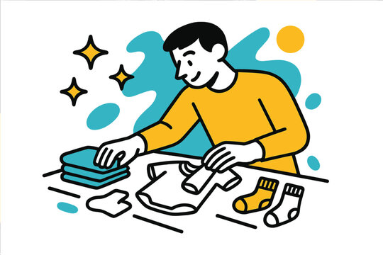 Gentle Folding Care. Folding baby clothes. A parent gently folding tiny shirts and socks on a table, soft sparkles floating around symbolizing care and love.