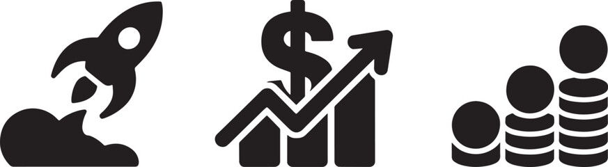 Rocket Launch Business Growth Chart Money Stack Icon Set