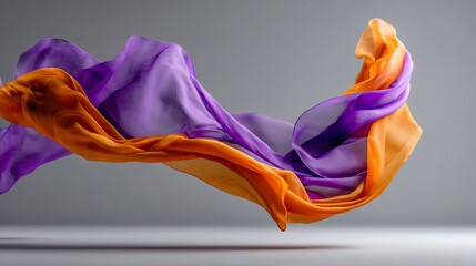 Flowing fabric in orange and purple, suspended in air with dynamic curves