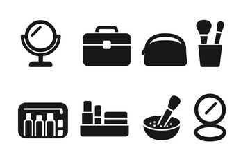 Fototapeta premium Makeup Accessories Icons. Solid, filled icon set of makeup accessories: vanity mirror, makeup case, cosmetic bag, brush holder, travel kit, makeup organizer,