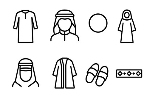 Emirati and Qatari Icons. Outline icon set of Emirati transportation: Dhow boat, Camel caravan, Abra boat, Modern car, Metro train, Bicycle, Yacht, Falcon