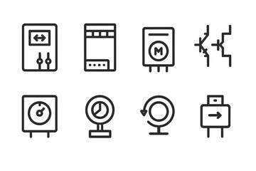 Motor Systems Icon Set. Outline icon set of motor control systems: inverter, PLC, motor driver, H-bridge, speed controller, feedback sensor, emergency stop,