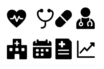 Health Forecast Icons. Solid, filled icon set of health forecast: heart rate, stethoscope, pill, doctor, hospital, calendar, report, chart. [Solid, filled