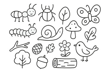 Woodland Critter Doodles. Hand-drawn doodle illustration woodland insects and critters ant, beetle, spider, butterfly, caterpillar, snail, leaf, mushroom,