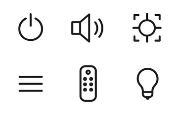Projector Control Icons. Outline icon set of projector controls: power button, volume control, keystone correction, focus adjustment, menu button, source
