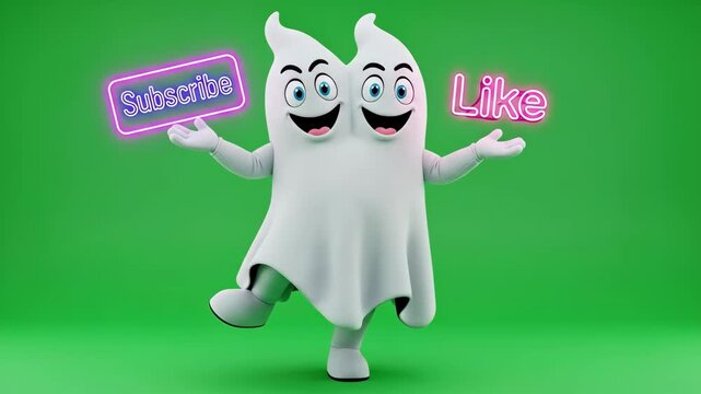 Two-Headed Ghost Mascot Promoting Engagement - A whimsical two-headed ghost mascot stands cheerfully against a bright green background.